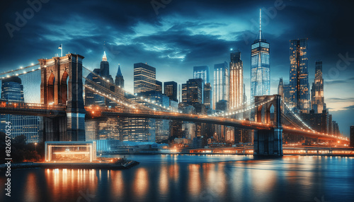 A realistic view of the Brooklyn Bridge and Manhattan skyline at dusk with illuminated skyscrapers and the bridge lights reflecting in the water