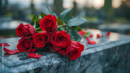  a bouquet of red roses on a gray marble tombstone against the backdrop of a cemetery, farewell to the deceased