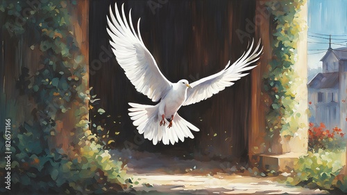 white dove in mid-flight, symbolizing freedom, as it emerges from a shadowy area into the light.