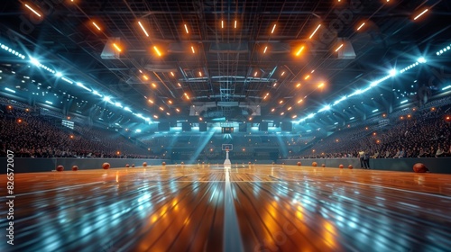 A low-angle view of a basketball court in a packed stadium with bright lights and a lively crowd creating an energetic atmosphere. Generative Ai.