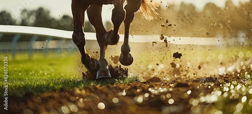 Horse racing, hooves scatter grass during the race. Recorded in slow motion. 