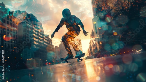 Skateboarder performing tricks in an urban landscape with dynamic lights and city buildings in the background. Generative Ai.