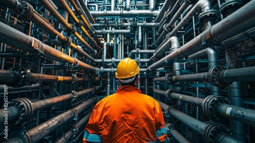 Engineer in an orange uniform inspecting a complex network of industrial pipes and machinery, ensuring operational safety and efficiency. Generative Ai