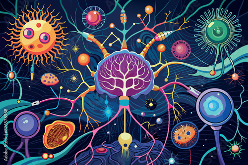 It depicts a colorful and stylized representation of the brain with neurons arranged against a dark palette reminiscent of outer space. The neurons are connected to various abstract and fantastical ce