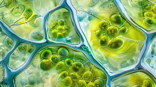 Detailed image of chloroplasts within plant cells, highlighting the green pigment and the process of photosynthesis