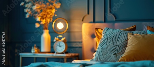 Elegant Luxury A Modern Bedroom Showcasing a Designer Alarm Clock on a Marble Bedside Table Under Soft Lighting