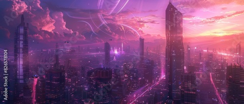 Illustrate a celestial cityscape bathed in a radiant purple aura, where towering skyscrapers reflect ribbons of light, and hovering vehicles shimmer in the otherworldly glow