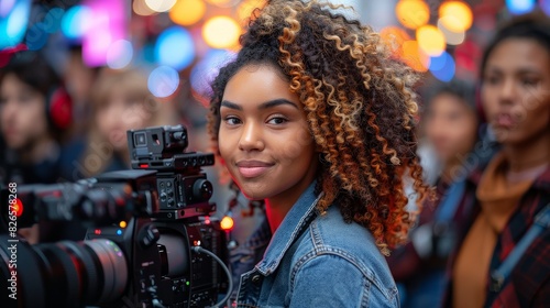 Curly-haired woman holding camera on the street