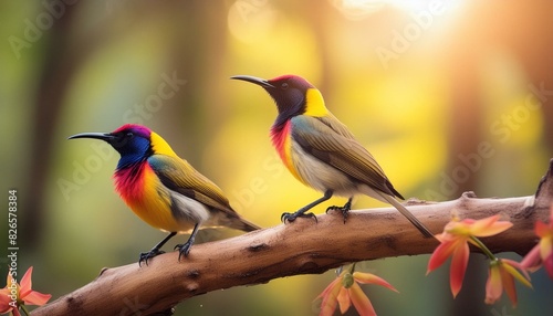 beautiful sunbirds perching on a branch of tree in forest