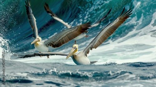 A flock of pelicans soaring over a wave, their wings stretched wide