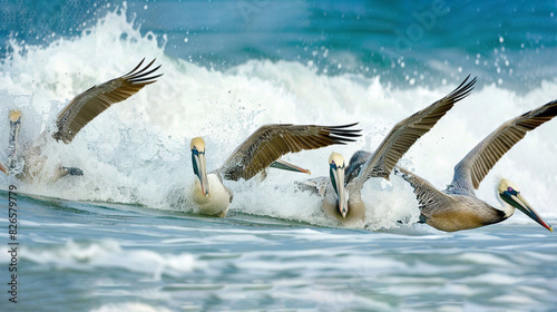  A flock of pelicans gracefully flying above an ocean wave with open beaks and spread-out wings