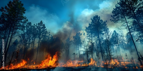 Wildfire destroys pine forest during dry season part of global environmental crisis. Concept Wildfire, Pine Forest, Dry Season, Global Environmental Crisis
