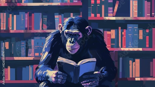 chimpanzee at library intelligent primate reading books surreal animal concept illustration