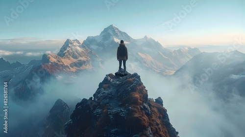 Lone Figure Atop Mountain Gazing Over Misty Landscape Symbolizing Triumph and New Horizons