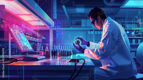A doctor in a modern lab, analyzing virus data on holographic displays, intricate lab equipment, vibrant lighting, high-detail, dynamic and innovative setting.3D vector illustrations