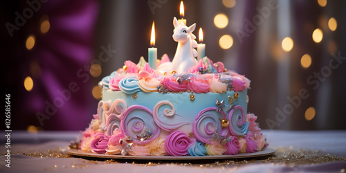 A whimsical unicorn birthday cake with colorful swirls and sparkles, displayed with a brilliant background, photographed in HD