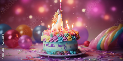 A whimsical unicorn birthday cake with colorful swirls and sparkles, displayed with a brilliant background, photographed in HD