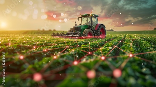 Futuristic farming: Tractor illuminated by digital lights showcasing advanced agricultural technology at sunset. Generative Ai