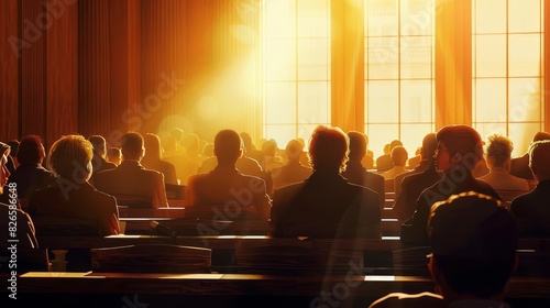 focused diverse jury listening intently in sunlit courtroom attentive legal proceedings realistic illustration