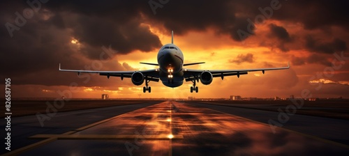 Large jet airliner taking off from runway at sunset or dawn with landing gear down