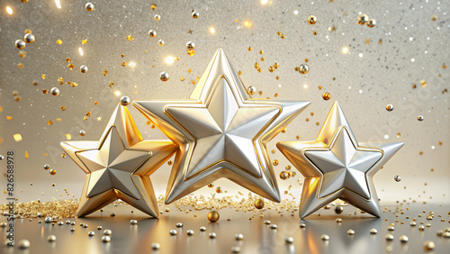 Three golden stars are seen in front of a glittering background with small glittering particles in the air. There are flecks of gold scattered under the stars, making the whole scene festive.AI genera
