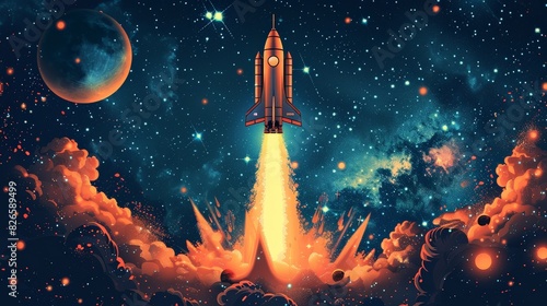 A painting depicting a space rocket soaring into the sky, leaving billows of smoke as it ascends toward outer space.
