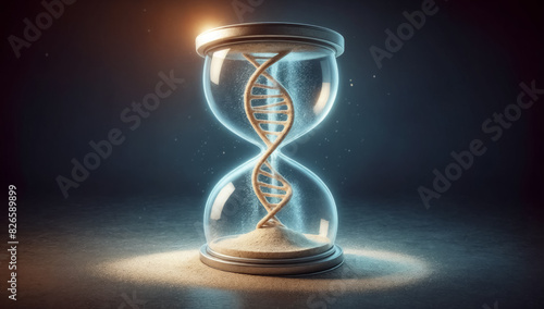 Image of a 3D rendering of an hourglass, inside which, instead of sand, is a DNA double helix structure glowing with blue light