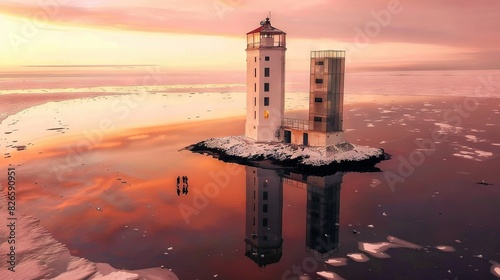  A lighthouse stands tall on a tiny island surrounded by water, with a vibrant pink sky in the backdrop