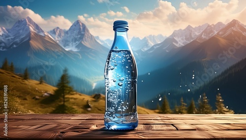 A bottle of sparkling mineral water with bubbles, standing on a rustic wooden table 