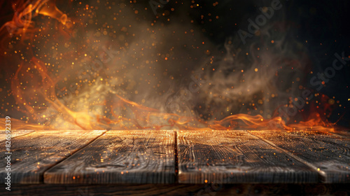 Fire licking the edge of a wooden table, fire particles and smoke filling the air, with a dark backdrop, creating a bold setting for product displays.