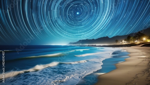 Long-exposure star trails over a calm ocean, with gentle waves lapping at a sandy shore.