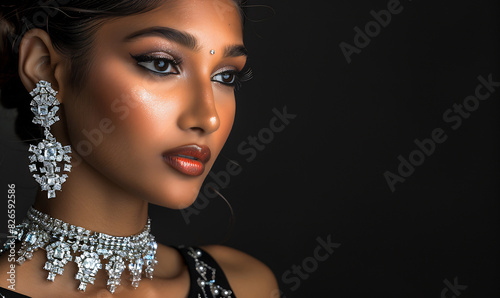 Black Dress Elegance Model with Perfect Makeup and Jewelry AI Generative Image