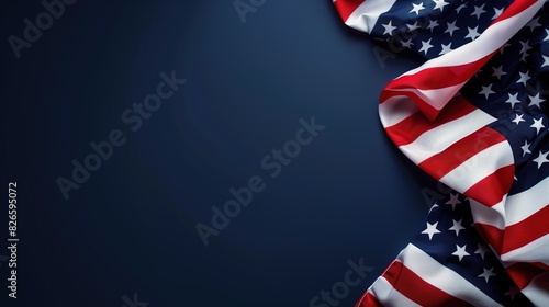A American flags with vibrant colors, set against a deep navy blue background, empty space for Flag Day event details or patriotic slogans