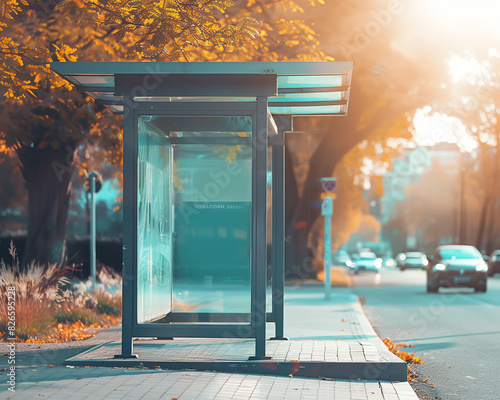 Empty bus shelter mockup with a clear glass panel, set in a busy suburban area, vibrant colors of passing cars, high-detail, ideal for local business advertisements.Close-up