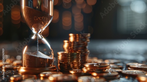 Time and money concept showcased with an hourglass and stacks of coins in a warmly lit setting. Generative Ai