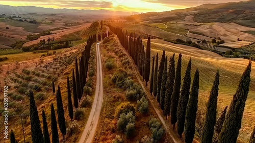  An aerial shot of a dirt path encircled by trees and undulating hills, with the sun descending beyond the horizon