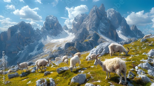 Majestic Alpine Landscape with Grazing Wild Goats Amid Rugged Snow Capped Peaks and Lush Grassy Slopes Under Crisp Blue Sky