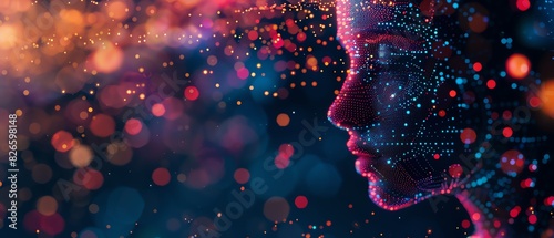 Abstract digital art of a human profile with vibrant, colorful lights and dots, representing technology and artificial intelligence.