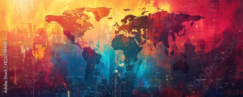 Colorful abstract world map with modern art style, vibrant hues of red, blue, and yellow, representing global connections and creativity.