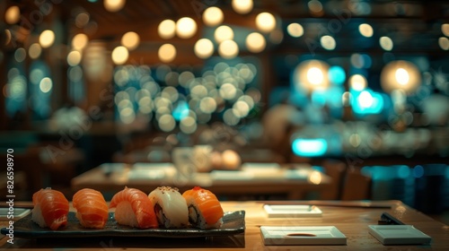 Fresh sushi elegantly presented on a conveyor belt at a modern sushi restaurant with a cozy ambiance. Generative Ai