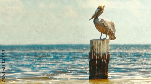  A majestic pelican perched atop a wooden post amidst a serene body of water, surrounded by a stunning skyscape
