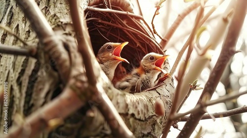  Two baby birds sit in a nest in a tree, with their beaks open and mouths agape