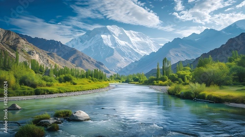 Majestic Mountain Range with Emerald Green Valley and Pristine Flowing River under Breathtaking Blue Sky
