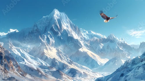 Majestic Snowy Mountain Peak with Soaring Eagle in Serene Landscape