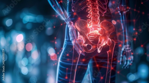 Detailed view of a person hip pain, overlaid with a red hologram and diagram of the hip joint