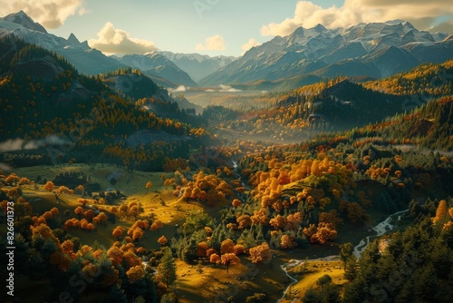 The mountain valley is filled with colorful trees and a river running through it. The sun is shining brightly and there are clouds dotting the sky.