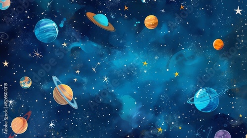 Galaxy pattern with stars and planets on a deep blue background