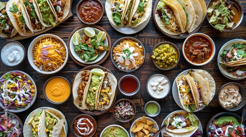 Top down view of a table full of Mexican tacos with lots of side dishes and sauces
