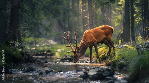 Majestic Deer Exploring Lush Forest Stream Landscape
