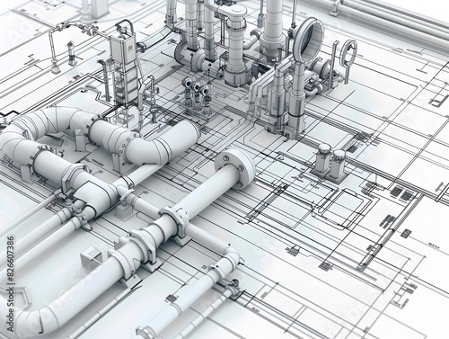 Blueprint of an Intricate Industrial Infrastructure Displaying Pipes Valves Tanks and Other Complex Engineering Components